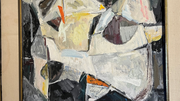 white, black, brown, orange, yellow abstract art piece, Marie Cruess