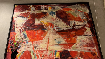 Red and white and black abstract art work, Marie Cruess