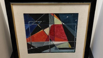 smaller red, white, black, blue, gray abstract art work, Marie Cruess