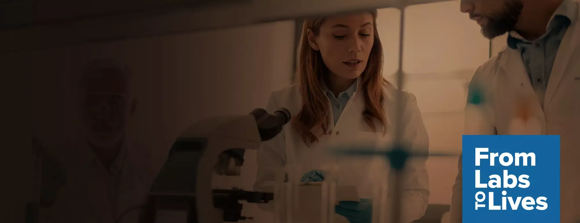 researches working in a lab faded into a brown background