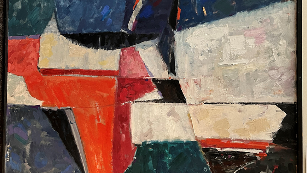 Red, white, blue, green, black abstract art work, Marie Cruess